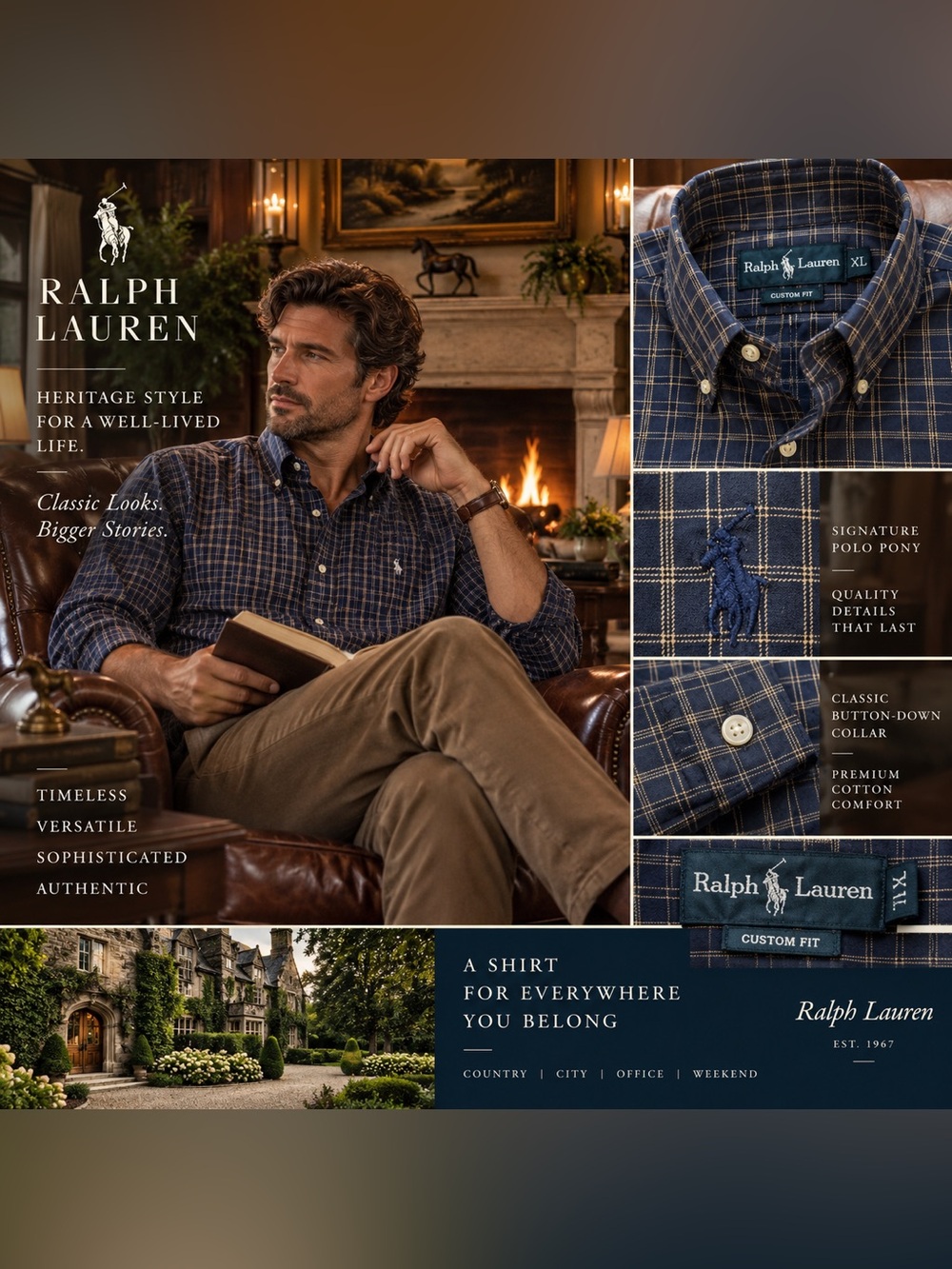 Polo Ralph Lauren XL Custom Fit Navy Plaid Button Down Shirt Preppy Heritage